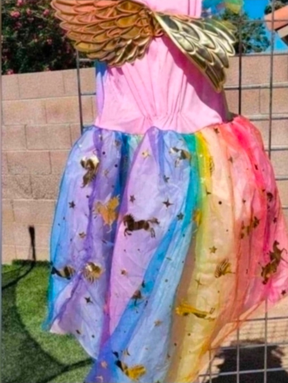 Rainbow Unicorn Girls' Costume Dress with Gold Wings